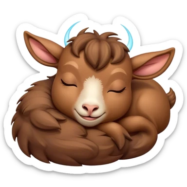 Meme-Worthy Cute Sleeping Brown Goat Portrait Emoji, Head resting peacefully with a contented smile, showcasing a robust build and a luxuriously soft brown fur, eyes shut in a serene, restful nap, Simplified yet hilariously adorable features, highly detailed, glowing with a soft, drowsy light, high shine, relaxed and utterly lovable, stylized with an air of playful laziness, bright and heartwarming, soft glowing outline, capturing the essence of a comically sleepy goat, so meme-worthy it feels like it could instantly become the next viral sensation of adorable slumber! sticker