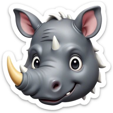 Cinematic Cute Rhinoceros Portrait Emoji, Head tilted playfully and inquisitively, featuring a rugged, glossy slate-gray hide with a gentle, rounded white horn and round, sparkling eyes filled with curious wonder, Simplified yet irresistibly adorable features, highly detailed, glowing with a warm, friendly glow, high shine, affectionate and mighty, stylized with a touch of ancient charm, bright and endearing, soft glowing outline, capturing the essence of a mischievous yet loving rhinoceros, so playful it feels like it could stomp out of the screen and into your arms! sticker