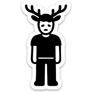 A casual guy with deer antlers, wearing a t-shirt and jeans, with a sad or thoughtful facial expression, neutral background, no snow sticker
