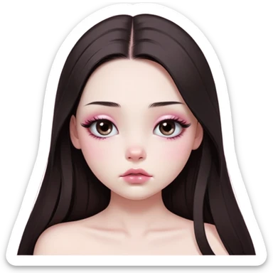 girl with white skin, dark brown long realistic straight hair with middle part prominently falling in front of her body over her shoulders, very big pouty extra shiny lips with absolutely no cupid's bow, big round shiny eyes with black eyeballs and huge eyelashes, no eyeshadow, pink blush on cheeks, lighter button nose, very long oval-shaped face, wearing a pink off-shoulder top, looking directly at camera with hands down at sides sticker