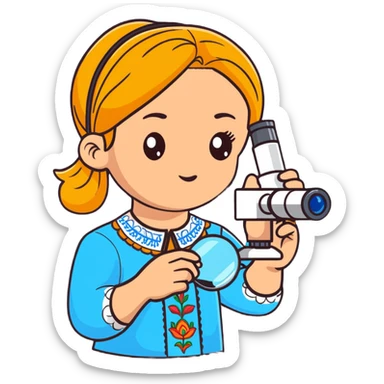 Ukrainian girl in traditional embroidered vyshyvanka shirt holding a microscope sticker