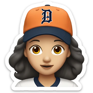 Asian girl with brunette hair wearing a Detroit Tigers baseball hat sticker