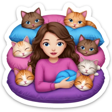 girl with long wavy brown hair, blue eyes, long lashes makeup, sexy pink lips, sleeping on a cozy pillow with 6 cats sticker