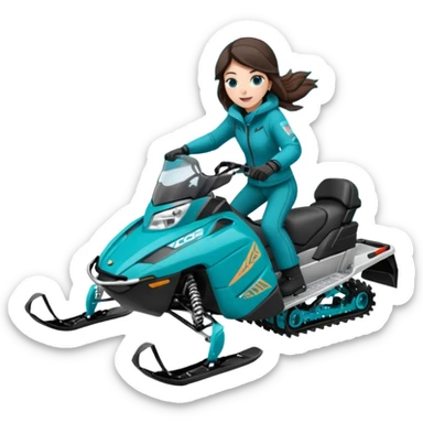Can you create an emoji of a brunette girl on a teal polaris khaos 850 155 snowmobile doing a wheelie with snow flying sticker