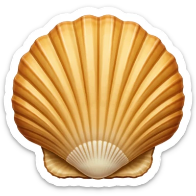 A madeleine pastry. Oval seashell shape with ONLY four to five vertical lines going in the same direction. Light golden brown. Scalloped edge. Cookie. Flat. Long. Oval shape. Lets scallops. Only four or five scalloped lines. Oblong shape. More length. sticker