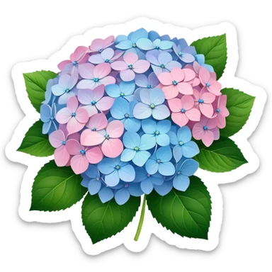 Natural hydrangea flower with realistic cluster of tiny individual blooms, soft color gradients from center to edge, slightly irregular rounded shape, and detailed green leaves sticker