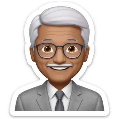 60 yr old indian man, short straight white hair brushed foreward , light grey business suit, big smile, dark brown skin, no moustache, dark brown eyes, glasses
 sticker