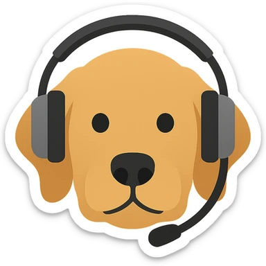 A golden retriever face emoji with a normal, realistic headset, minimal details, and no background. sticker