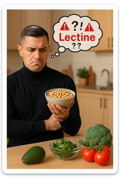 un uomo in cucina tiene in mano una ciotola di legumi (come fagioli o ceci) e li osserva con un’espressione dubbiosa e leggermente preoccupata. Sopra la ciotola, una nuvoletta di pensiero mostra la parola “Lectine” evidenziata in rosso, insieme a simboli di allarme o punti interrogativi. Sullo sfondo, altri alimenti salutari sono visibili sul tavolo, sottolineando il suo scetticismo verso i legumi. sticker