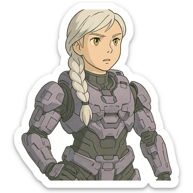 female, wearing reach spartan armor default, long white braid hair, gold yellow eyes, attention pose, halo series, no helmet, the armor is lavender color scheme and has no shoulder pad attachments sticker