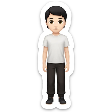 make a white boy with black hair and brown highlights with dark brown eyes with a plain white shirt and black plain pants with a nose piercing  sticker