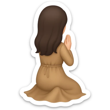 Show the woman kneeling and praying from the back view, wearing a long tan dress, with dark brown hair, in emoji style, no background. sticker