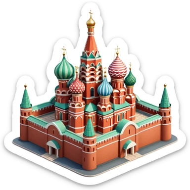 Isometric illustration of Moscow, featuring photorealistic Moscow with colorful onion domes, hand-drawn painterly details, subtle texture on bricks and roofs, realistic shadows and soft lighting, muted yet vivid color palette, diorama miniature effect. sticker