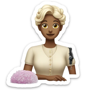 a lady with her hair up sitting at a sewing machine surrounded by hydrangea flowers sticker