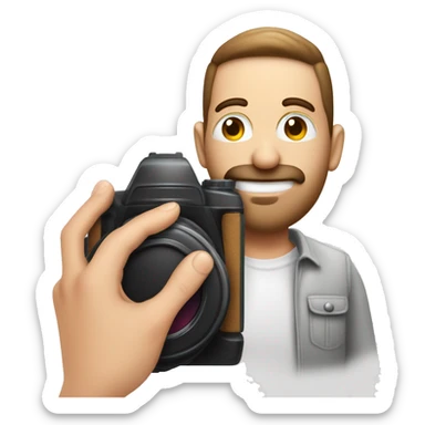 Fotógrafo hombre de piel blanca con cámara fotográfica en la mano sticker