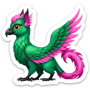 Emerald-green gryphon with a long tufted tail, black beak, pink swirly pattern markings, black claws, black tail, majestic, realistic, furry (full body) sticker