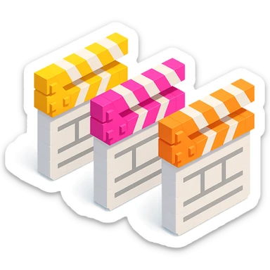 isometric view group of movie clapperboards in voxel style, white bodies with each lid a different bright color sticker