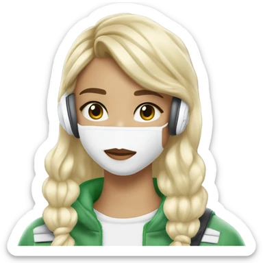 Fille cheveux wayv blond gros au yeux vert claire avec casque AirPod max blanc teint alé et une veste blanche  sticker