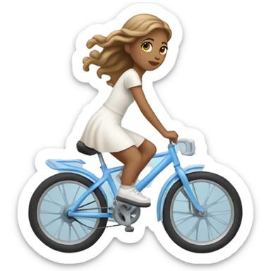 Girl riding very light blue bike, she is wearing white dress, she has long light brown hair and light skin sticker