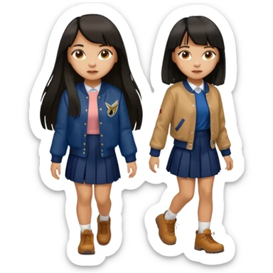black color long hair with fringe, light skin long hair girl with brown varsity jacket,  navy long long skirt walking

 sticker