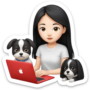 Blue back ground, Asian girl with long black hair , wearing a white t-shirt, working on an Apple laptop, next to her is a small black and white dog sticker