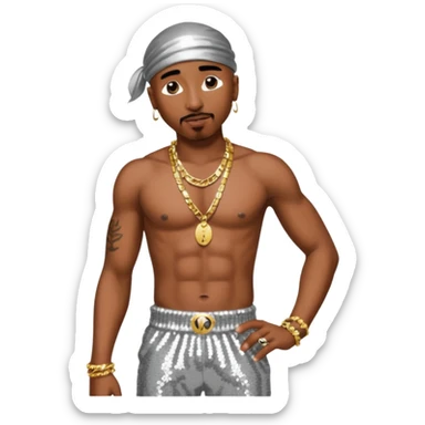 Tupac with silver sequin harem pants, shirtless with necklace sticker