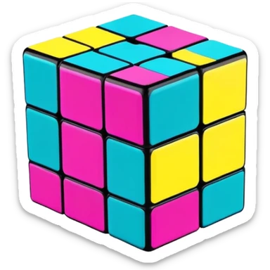 A 3x3 Rubik's Cube with radical 90s American color scheme, slightly twisted position, fluorescent colors, teal, hot pink, neon yellow, and purple sticker