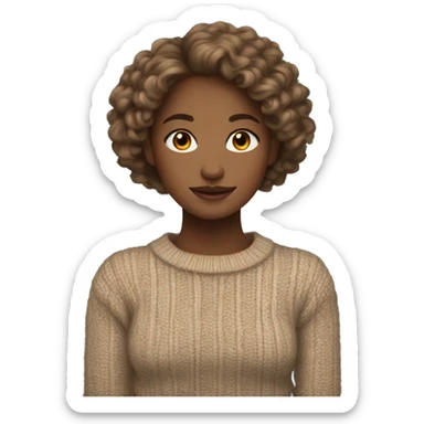 A girl with light-ish brown, shoulder-length curly hair, wearing a cozy cable knit sweater, mini-skirt, tights, and elegant loafers sticker