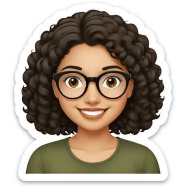 Young Latina woman with light tan skin. Round friendly face with dimples when smiling. Dark brown eyes behind black-framed glasses. Thick arched eyebrows. Shoulder-length curly voluminous hair. Big smile. Wearing an olive green top. sticker