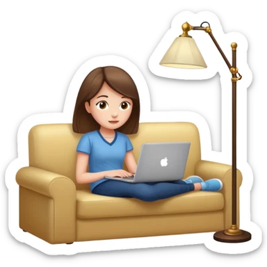 A girl is working with a laptop while lying on a sofa, with a floor lamp to the right. sticker