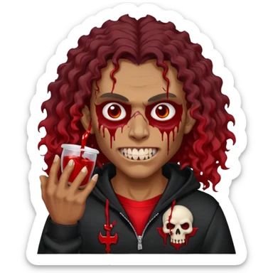 Vampire wearing black hoodie with a skull logo on it, long curly hair, brown skin, fanged teeth, blood under eye sockets/forehead, piercings on eyebrows, long curly hair with a patch (section) of red and blood on hands sticker