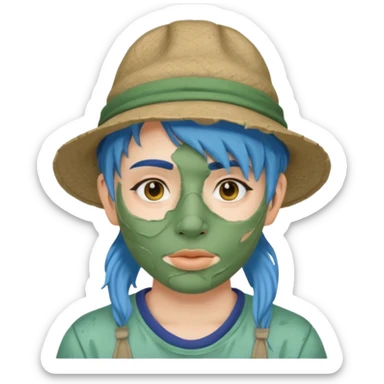 messy green full face clay mask and tourist hat blue hir sticker
