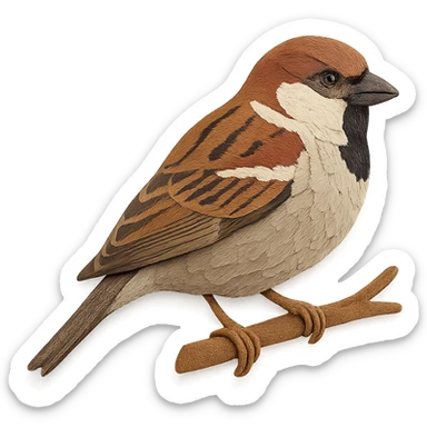 very detailed house sparrow perched on a tree branch, intricate cut paper textures, brown and gray feathers, realistic markings sticker