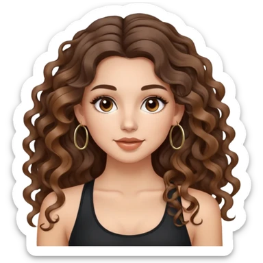 cute girl with not volominous VERY LONG curly/wavy brunette hair with balayage, brown eyes, full lips, natural clean girl makeup and hoop earrings white girl:  DOING PILATES sticker