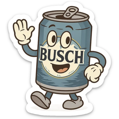 a can of Busch beer, cartoon style, blue and silver colors, playful look, mountain landscape on the label sticker