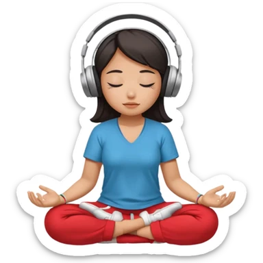 An East Asian woman🧘🏻‍♀️ is sitting cross-legged in a meditation pose, wearing Apple headphones🎧 and listening to music. The song is so beautiful that she has her eyes closed and tears streaming down her face. sticker