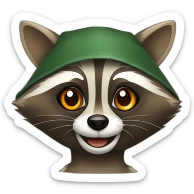 brown raccoon with orange eyes and a dark green hood that is laughing sticker