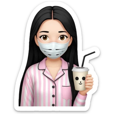 chica de pelo lacio color negro cabellera larga piyama blanca con rayas rosa claras peo no tan claras no oscuras el bordado es negro al igual que los botones )tiene una mascarilla para la carablanca y sostiene y cafe con bolitas nedras al dondo con unsorbete tranparente y es de test blanca  sticker