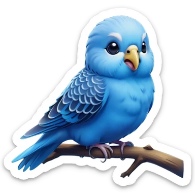 Cinematic Comical Blue Budgie Portrait Emoji, Head tilted dramatically with an exaggeratedly amused expression, featuring a striking blue feathered fur with a glossy finish, wide, expressive dark eyes filled with playful disbelief, Simplified yet hilariously expressive features, highly detailed, glowing with a slightly sassy glow, high shine, dramatic yet playful, stylized with an air of cheeky mischief, bright and endearing, soft glowing outline, capturing the essence of a spirited and over-the-top budgie, so meme-worthy it feels like it could side-eye its way into internet fame instantly! sticker