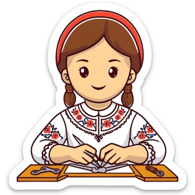 Ukrainian young girl wearing a white traditional embroidered shirt (vyshyvanka) smiling and holding sewing tools sticker