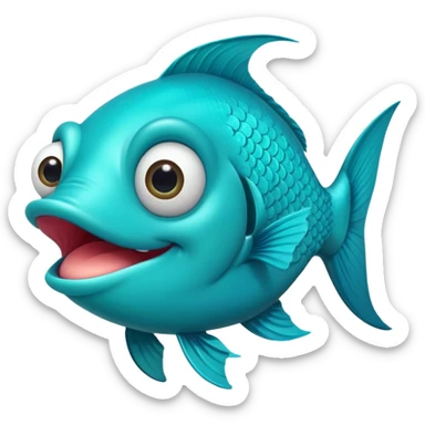 ultra stupid looking bright turquoise fish with dopey expression, huge silly grin with buck teeth, googly eye, perfect flat side profile facing right, exactly 90 degrees, one eye visible sticker