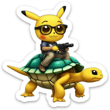 Eric Zemmour avec des lunettes de soleil sur une tortue avec 4 ailes et un Pikachu cyborg avec un bras canon qui lance un éclair avec une explosion en arrière plan sticker