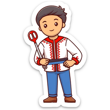 Ukrainian man in traditional embroidered vyshyvanka shirt holding red scissors in one hand and a spanner in the other hand sticker