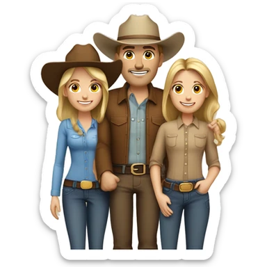 Caucasian family of five people, all with cowboy hats on, 2 blonde teenagers, 1 light brown haired mom, 1 little boy with brown hair and a brown hair dad sticker