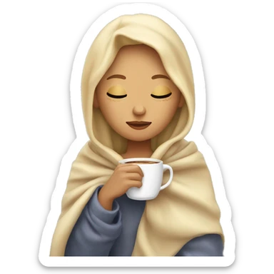 Blonde, light skin girl inside a blanket sipping coffee eyes closed sticker