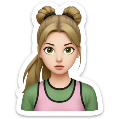 create an emoji of a young woman. She has a feisty look, with long light brown hair in a single ponytail with a black hair tie, dark green eyes, pale skin, natural soft pink lips. she wears a green y2k top sticker