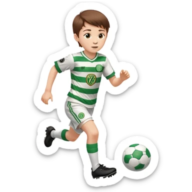 Celtic footballer jersey logo  6 years old brown hair white boy , brown eyes , stripes uniform , RUNNING  with soccer ball # 17 celtic football logo PUT ONLY ONE LOGO ONE CELTIC LOGO ONLY white shorts sticker