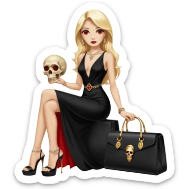 Lilith symbol red eye seductress  length blonde haired powerful woman with Gucci, and Hermes bags next to her. Wearing long dress with slit, sitting on of gold and diamonds. Black Platform high heels on feet. seat stacked with designer bags,  dead human skull of her enemies in her other hand sticker