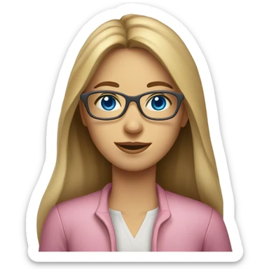 teacher, woman, light brown long hair, blue eyes wearing light pink glasses and wearing a lemon to sticker