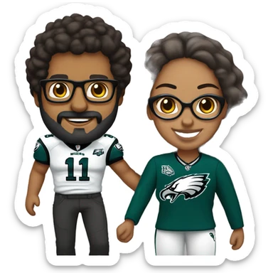 Brown guy with beard mustache and brown girl with glasses and hair in a bun in Philadelphia eagles clothes holding hands sticker